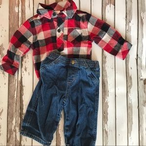Boy’s flannel and jeans outfit. Size 3-6 months